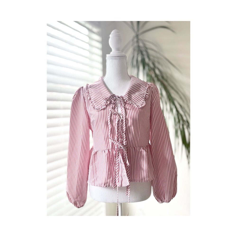 Elegant Pink Striped Blouse with Tie Front